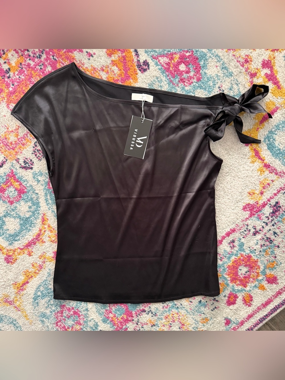 Black One-Shoulder Tie-Shoulder Satin Blouse